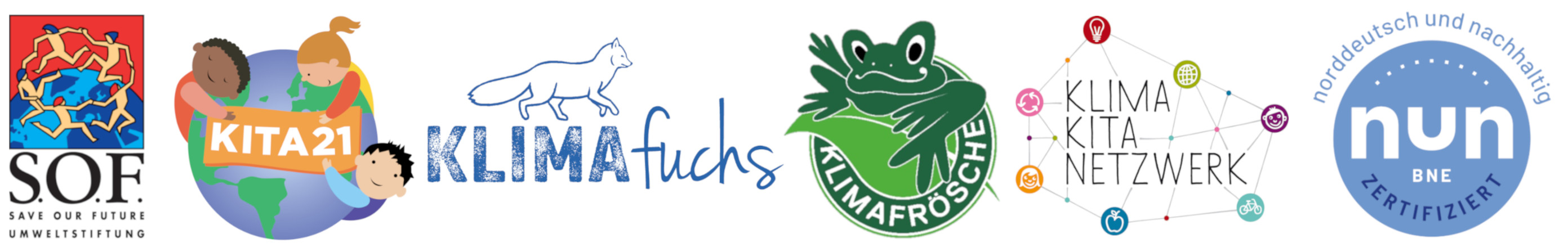 Logos der S.O.F. und ihrer Projekte KITA21, KLIMAfuchs, Klimafrösche, Klima-Kita-Netzwerk und nun- norddeutsch und nachhaltig
